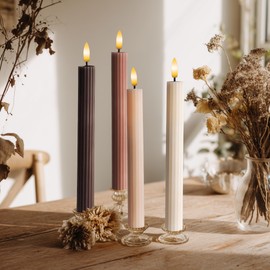 WYZworks Coordinated Chocolatey Mocha Brown 4 Pack Set, 10" LED Flameless Fluted Ribbed Grooved Taper Candles, Remote & Timer Memory, On/Off Button, Dimmable, Battery Operated, Menorah Wedding