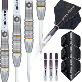 Unicorn Steel Tip Darts Set | Pro-Tech Style 5 | 90% Natural Tungsten Barrels with Golden Accents & Volute Points | 23 g