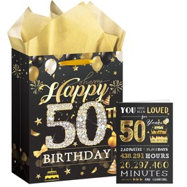 50th Birthday Medium Gift Bag, Black and Gold Birthday Presents Bag with Greeting Cards and Tissue Paper, Perfect for Any 50th Celebration
