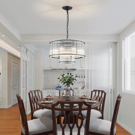 Saint Mossi Black Drum Chandelier Light Fixture, Doule Layer Middle Century Modern Design, with 5-Light, D18 x H10, Adjustable 59" Chains, Glass Shade & Black Metal Frame