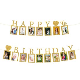 JUTTIRA Happy 90th Birthday Photo Banner 90 Year Old Party Decorations, Ninety Birthday Picture Frame Banner 90th Photo Frame Party Supplies Bunting Decor, Gold