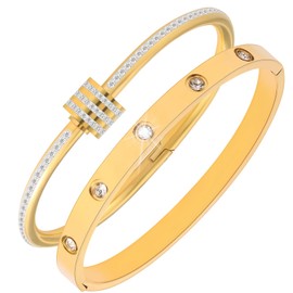 Camhanno 18K Gold Plated Stainless Steel Cuff Bracelet & Love Friendship Screw Bangle Bracelet Set for Women with Gift Box