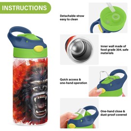 Mnsruu Kids Water Bottle with Straw 350ml, King Kong Furious Stainless Steel Insulated Toddler Cup Leakproof Drink Flask Bottle for Boys Hot Cold, BPA-Free