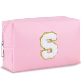 URSKYTOUS - Bolsa de maquillaje con inicial para mujer, bolsa de cosméticos grande, bonita bolsa de maquillaje rosa para cartera, bolsa de aseo con cierre, organizador de piel sintética, brochas de maquillaje, bolsa de almacenamiento de maquillaje, P