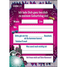 JuNa-Experten 6 Invitation Cards Birthday VIP Invitations Disco Party Adults Children Girls Boys Children's Birthday Invitations Card Set