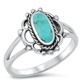 Filigree Oval Simulated Turquoise Long Beaded Ring New 925 Sterling Silver Band Size 8
