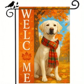 BlissYard Thanksgiving Fall Garden Flag 12x18 Inch Welcome Labrador Retriever Dog Outdoor Flag Double Sided Autumn Yard Banner with Plaid Scarf and Leaves Decor for Porch L