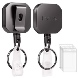FEELSO Badge Holder Reel Retractable, Metal Heavy Duty Badge Holder with Belt Clip Key Ring and 6pcs Plastic ID Card Holders, Steel Wire Cord Up to 25 inch (2 Pack)