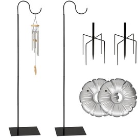 Liitrton 62.6 Inch Shepherds Hooks for Outdoor, Adjustbale Hummingbird Feeder Stand Bird Feeder Pole Wind Chime Stand with Flat Base, 4 Prongs Base and Water Weight Bag (2 Pack)