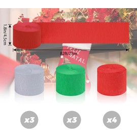 Belerry 10 Rolls Party Decorations Christmas Crepe Paper Streamers, Christmas Party Streamers, 810-Feet Red Green Silver Hanging Streamers, No Accidental Rips Crepe Paper for Indoor Outdoor Décor