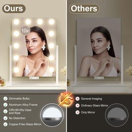 S'bagno Vanity Mirror with Lights, 12 Dimmable LED Bulbs Hollywood Mirror, 3 Color Modes & Memory Function Makeup Mirror with Lights, Detachable 10X Magnification, Touch Control, USB-A(16''x12'')