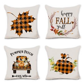 pinata Pumpkin Fall Pillow Covers 18x18 Inch Buffalo Plaid Throw Pillow Case Set of 4 Decorative Thanksgiving Linen Autumn Farmhouse Buffalo Check Decor for Couch Home Patio Outdoor Fall Decor