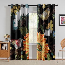 MYSKY HOME Black Boho Floral Blackout Curtains 84 inch Length 2 Panels Set for Living Room Thermal Insulated Black Out Energy Saving with Bird Patterned Grommet Drape for Dining Room, 52" x 84"