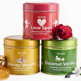 Love Spell, Money Wealth, Coconut Vanilla - Soy Candles Non Toxic - Highly Scented Long Lasting with Essential Oils - Variety Pack of 3 x 5oz - for Home Aromatherapy Meditation Gift Travel
