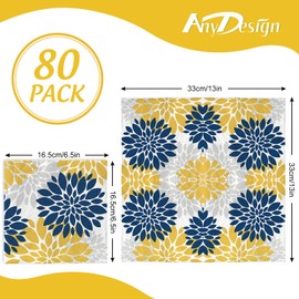 AnyDesign 80 Pack Dahlia Paper Napkins 6.5 x 6.5 Inch Navy Blue Yellow Silver Flower Dinner Napkins Modern Elegant Disposable Luncheon Napkin Dinner Hand Napkin for Home Holiday Party Supplies