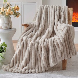 Lotus Karen Faux Fur Throw Blanket - Stripe Faux Rabbit Fur Blanket for Couch, Cozy Soft Fluffy Fuzzy Blanket, Warm Thick Furry Plush Shaggy Small Blankets for Women, Linen,50x60 Inches