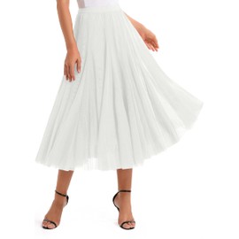 Urban CoCo Women's Tulle Skirt Elastic High Waist Layered Pleated Mesh Flowy A-line Midi Skirt (White, S)