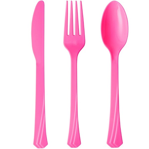 Tiger Chef Plastic Cutlery Set Heavy Duty Colored Plastic Silverware - Includes Forks, Teaspoons, and Knives (48, Hot Pink)