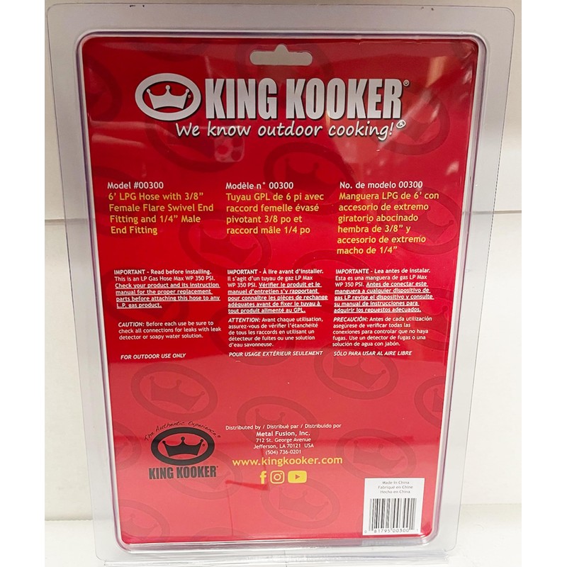 King Kooker 6’ LPG Hose with 3/8” Female Flare Swivel