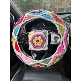 YDMZZB Crochet Galsang Flower Car Steering Wheel Covers,Seat Belt Cover,Car Interior Accessories Decorations (B,Steering Wheel Cover+2 Belt Cover)