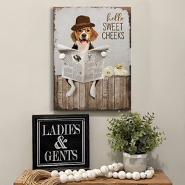 Funny Beagle Dog Reading Newspaper Wall Art Farmhouse Beagle Dog Picture Bathroom Decor Wall Art Farmhouse Dogs Painting for Toilet Bathroom Animals Artwork Framed 12"x16"