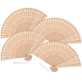 Bamboo Folding Fan Set, 4 Pcs Handheld Fans with Sandalwood and Silk, Vintage Wooden Fan for Weddings Parties and DIY Decorations, Chinese and Japanese Style Fans for Cooling and Decor (Style 2)