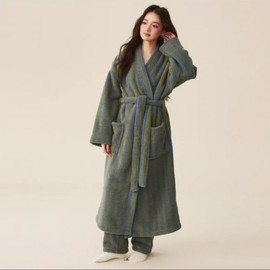 Autumn Winter New Arrival: Coral Cashmere Thick Velvet Couple's Long Gown Pajamas Men's - Rose Purple Stripe Fleece Gown - XL 2ea