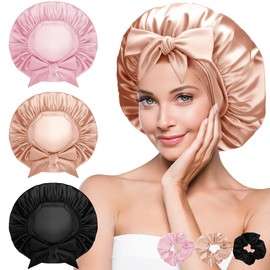 Satin Bonnet, Silk Sleep Bonnets for Women, Night Sleep Cap with Elastic Band, Silky Satin Head Cover for Girls Long, Straight, Curly Hair(Pink&Black&Champagne)