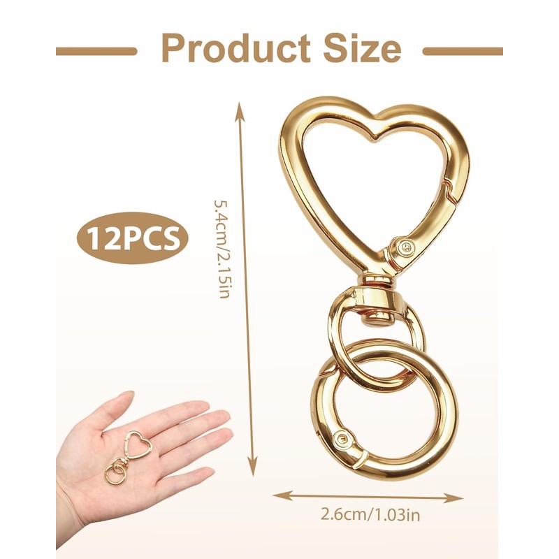 24 Pcs Heart Shaped Keychain Clip, Swivel Lobster Clasp Gold