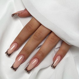 Pack of 24 Square Press on Nails - Brown Leopard Print Fake Nails, Coffin Stiletto, Full Cover Artificial Nails with Nail Glue, Square Acrylic Artificial Fingernails for Women, Nail Art, DIY (Brown