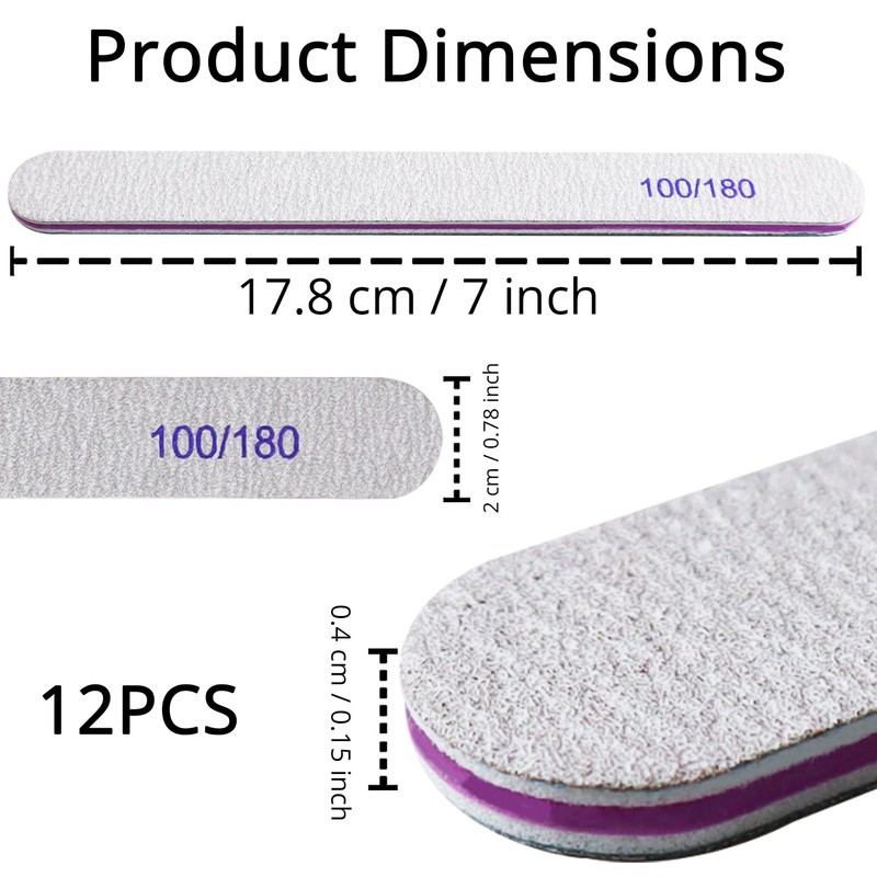 12Pcs Professional Nail Files, 100/180 Grit Double-Sided Nail Files Set