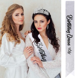 VELSCRUN Birthday Queen Tiara Crowns for Women Girls Silver Crystal Birthday Queen Headband Sash Elegant Princess Crown Happy Birthday Party Decorations Mom Sisters Birthday Gift Hair Accessories