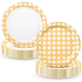 Houuqe 48pcs Yellow Gingham Party Plates 7 Inch Checkered Plaid Dessert Plates Disposable Yellow and White Paper Plate for Fall Picnic BBQ Birthday Summer Dinner Party Supplies