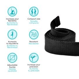 Thefne Yoga Strap de 1.8m. Correa de Estiramiento para Yoga y Pilates con Anilla Metálica para ajuste de medida. Mejora tu Flexibilidad y Precisión en cada Ejercicio. Banda de Resistencia. (Negro)