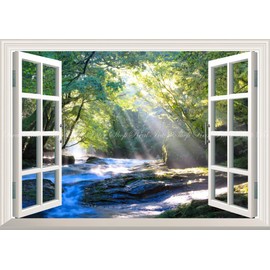 Painting Style Wallpaper Poster (Removable Sticker) -Window Scenery - How to Take Earth- Light Showers and Delicious Water Sources, Superb View of Kikuchi Valley, Kikuchi City, Kumamoto Prefecture