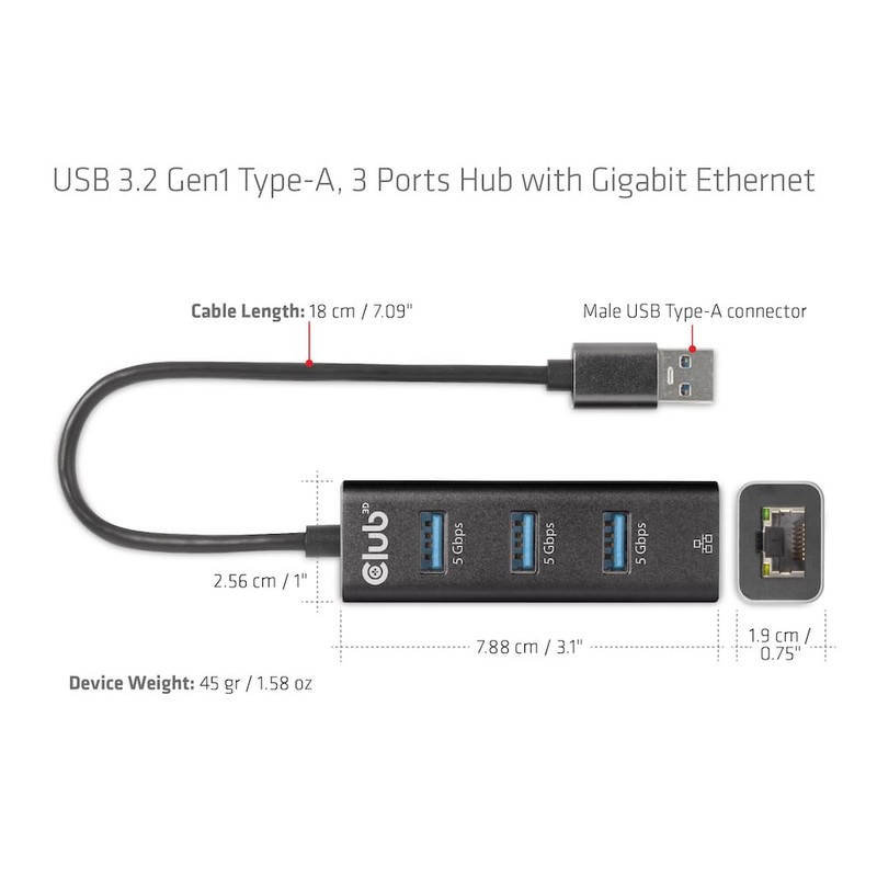 Club 3D CSV-1430A USB 3.2 Gen1 Type-A, 3 Ports Hub