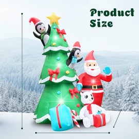 QEOIYDE 10FT Christmas Inflatable Xmas Tree with Smiley Santa, A Penguin in Red Hat, Polar Bear & Gift Boxes Light-Up Blow Up Yard Decor for Holiday Lawn, Garden, or Festive Family Fun Display