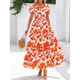BTFBM Summer Dresses for Women 2025 Floral Casual Short Sleeve V Neck Elastic Waist Maxi Wedding Guest Dress Pockets(Floral Brick Red, Small)