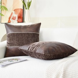 CaliTime Throw Pillow Covers Pack of 2 Soft Faux Leather Solid Dyed Chenille Cushion Cases for Couch Sofa Home Decoration 18 X 18 Inches Coffee