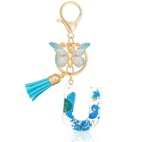 MWOOT Initial Letter U Keychain Resin Alphabet Keyrings,Blue Petals Gold