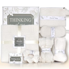 JOOJA Birthday Get Well Soon Cozy Gift Basket Care Package for Women with Blanket, Fuzzy Socks, Eye Mask, Headband Cozy Essentials - White