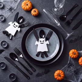 25 Set Black Halloween Cutlery Set with Felt Twist Tie, Plastic Heavy Duty Silverware Color Disposable Utensils for Party Table Supplies, Forks Knives Spoons Each 25pcs