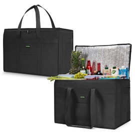 JUNGYOON 2-Pack XXXL Insulated Reusable Grocery Bags, Insulated Cooler Bag Strong Zipper and Bottom plate Durable Shopping Bags Ideal Food Delivery Bags for Freshness Convenience,Black