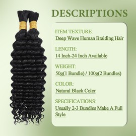 Deep Wave Bulk Human Hair For Braiding 18 Inch 100g/2Bundles Human Braiding Hair Extensions For Braids No Weft 12A Curly Human Braiding Hair Wet And Wavy Human Hair Braiding Hair Natural Color