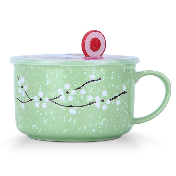 VanEnjoy 30oz Ceramic Bowl with Lid & Handle,Cherry Blossoms Among Snow Flake Pattern,Microwave for Instant Noodle Sara, Cereal Bowl
