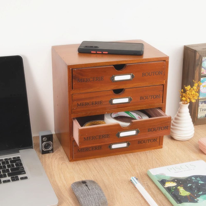 Wooden Storage Box Rustic Desktop Organizer with Drawers/Labels 4 Tier