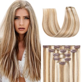 SEGO Clip in Hair Extensions Real Human Hair for Women, Silky Straight Natural Remy Hair Clip in Extensions 5PCS with 12 Clips Double Weft (22 Inch #12/613 Golden Brown Mix Bleach Blonde)
