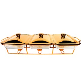 jinsongdafa Casserole Dish Set Rectangle 3-in-1 Glass Baking Dish, with Stainless steel Lid and Gold rack, 1.3 Qt x 3 pcs Baking Pan For Casserole & Lasagna, Dishwasher Oven Freezer Microwave Safe