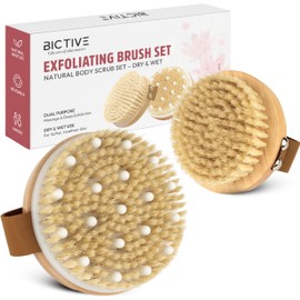 BICTIVE Set of 2 Natural Bristle Body Brushes. Dry Brush & Wet Brush Against Cellulite, for Lymphatic Drainage, Better Circulation & Radiant Skin. Dry Brush for Massage from Boar Bristles