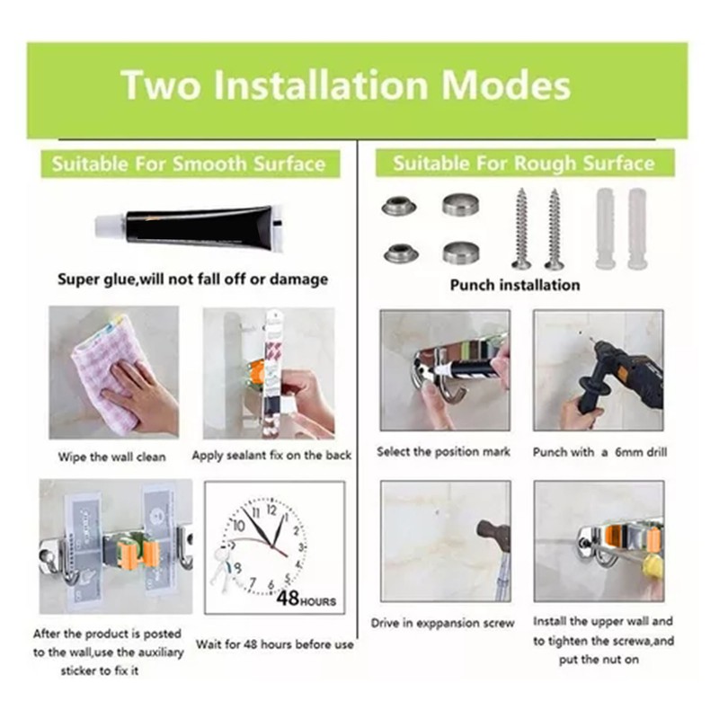 Punch Free Wall Mount Mop Broom Holder 4 Clips 5